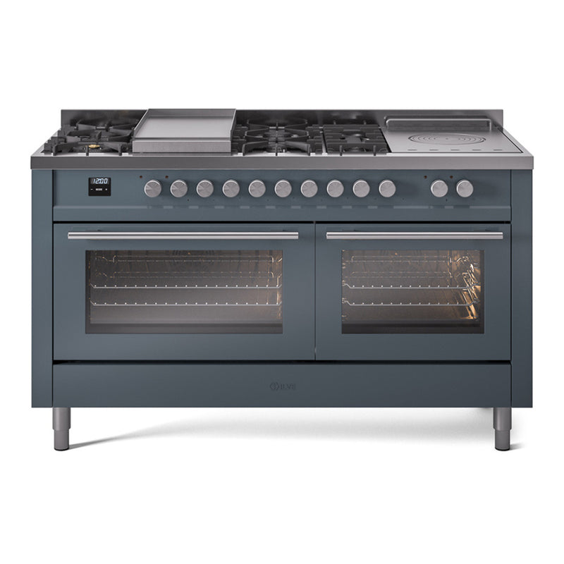 ILVE Professional Plus II 60 inch Dual Fuel Range (Blue Grey / Natural Gas / 9 Sealed Burners + Griddle / Solid Door) UP60FQMPBG