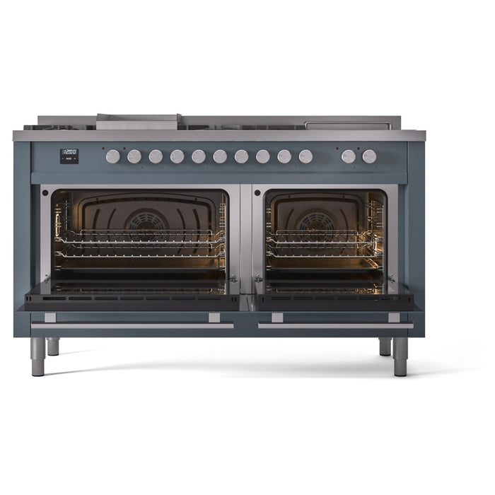 ILVE - Professional Plus II 60 inch Dual Fuel Range (7 Sealed Burners + Griddle + French Top, Natural Gas, Triple Glass Door, Blue Grey) -  USA - UP60FSWMPBG