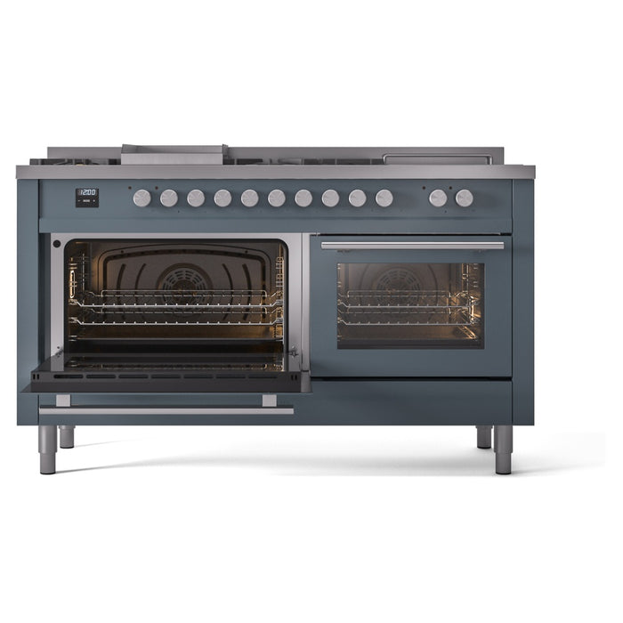ILVE - Professional Plus II 60 inch Dual Fuel Range (7 Sealed Burners + Griddle + French Top, Natural Gas, Triple Glass Door, Blue Grey) -  USA - UP60FSWMPBG
