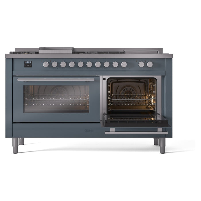 ILVE - Professional Plus II 60 inch Dual Fuel Range (7 Sealed Burners + Griddle + French Top, Natural Gas, Triple Glass Door, Blue Grey) -  USA - UP60FSWMPBG
