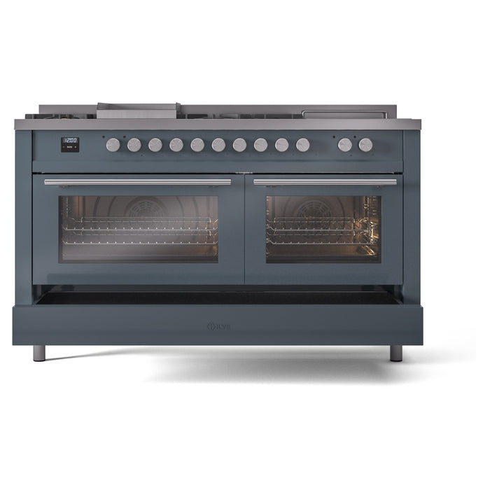ILVE - Professional Plus II 60 inch Dual Fuel Range (7 Sealed Burners + Griddle + French Top, Natural Gas, Triple Glass Door, Blue Grey) -  USA - UP60FSWMPBG