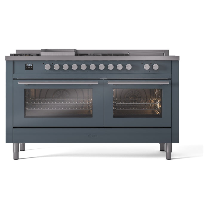 ILVE - Professional Plus II 60 inch Dual Fuel Range (7 Sealed Burners + Griddle + French Top, Natural Gas, Triple Glass Door, Blue Grey) -  USA - UP60FSWMPBG