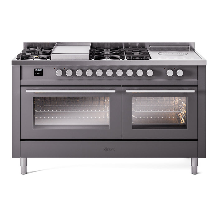 ILVE - Professional Plus II 60 inch Dual Fuel Range (7 Sealed Burners + Griddle + French Top, Natural Gas, Triple Glass Door, Blue Grey) -  USA - UP60FSWMPBG