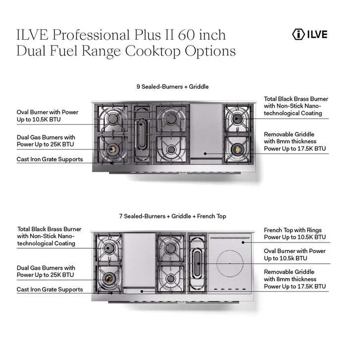ILVE Professional Plus II 60 inch Dual Fuel Range (RAL / Natural Gas / 7 Sealed Burners + Griddle + French Top / Triple Glass Door) UP60FSWMPRA - IMG75