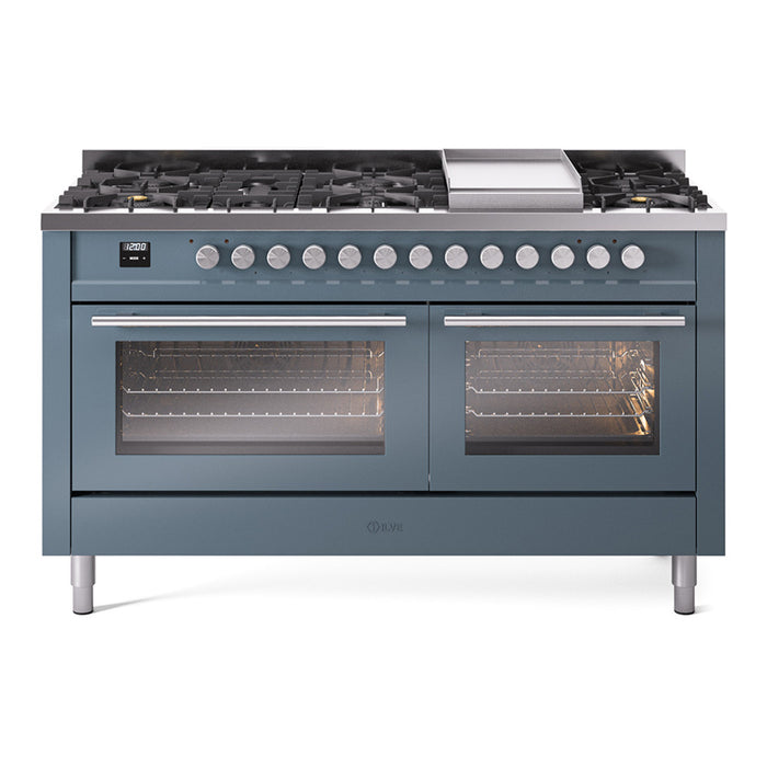 ILVE - Professional Plus II 60 inch Dual Fuel Range (7 Sealed Burners + Griddle + French Top, Natural Gas, Triple Glass Door, Blue Grey) -  USA - UP60FSWMPBG
