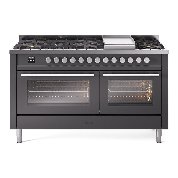 ILVE - Professional Plus II 60 inch Dual Fuel Range (7 Sealed Burners + Griddle + French Top, Natural Gas, Triple Glass Door, Blue Grey) -  USA - UP60FSWMPBG