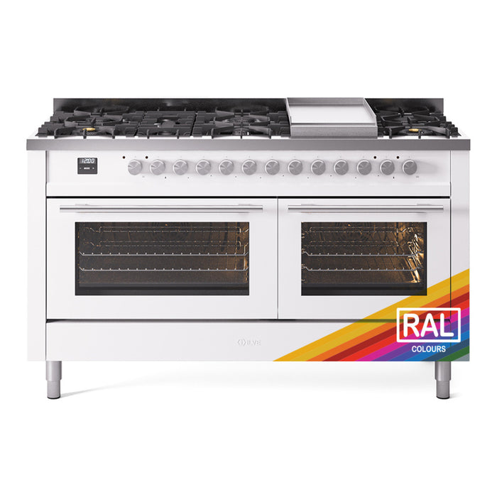 ILVE - Professional Plus II 60 inch Dual Fuel Range (7 Sealed Burners + Griddle + French Top, Natural Gas, Triple Glass Door, Blue Grey) -  USA - UP60FSWMPBG