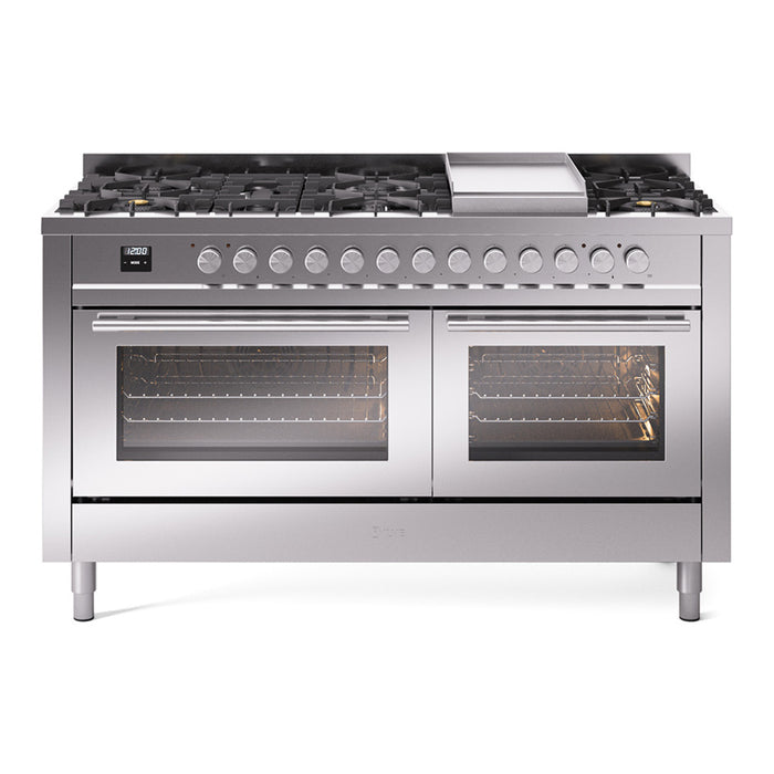 ILVE - Professional Plus II 60 inch Dual Fuel Range (7 Sealed Burners + Griddle + French Top, Natural Gas, Triple Glass Door, Blue Grey) -  USA - UP60FSWMPBG