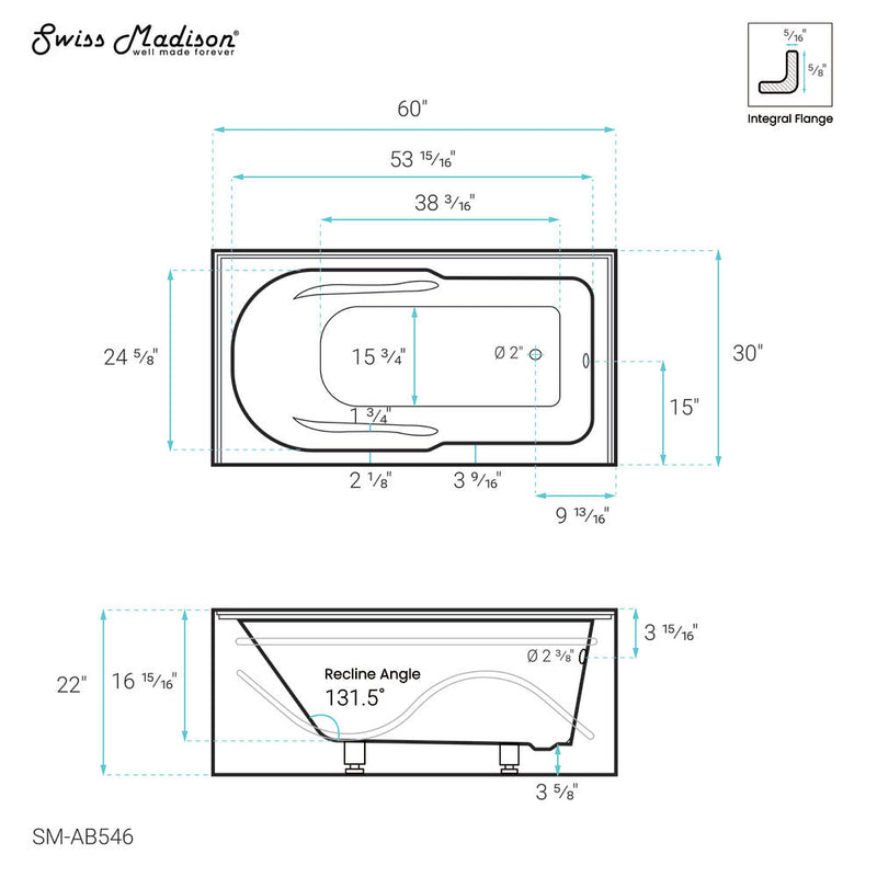 Swiss Madison Ivy 60" x 30" Right-Hand Drain Alcove Bathtub with Apron - SM-AB546