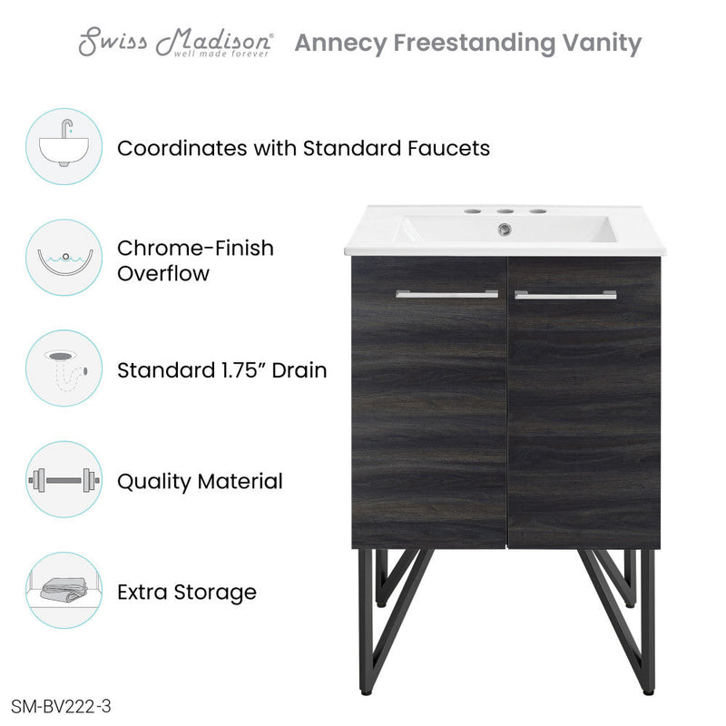 Swiss Madison Annecy 24 in. Black Walnut Bathroom Vanity With White, 3-Hole Ceramic Sink Top - SM-BV222-3