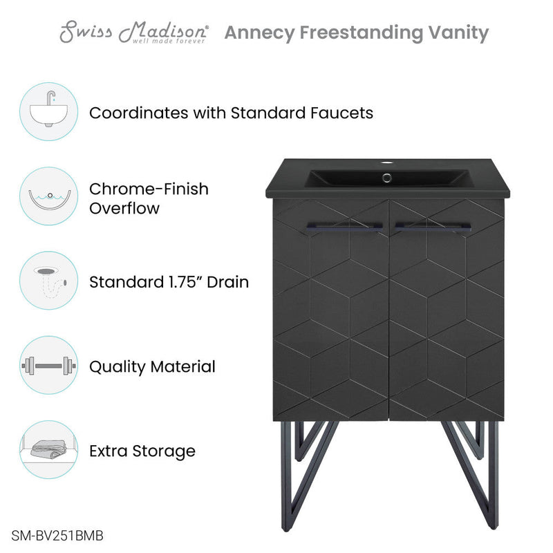 Swiss Madison Annecy 24 in. Phantom Black Bathroom Vanity With Black Ceramic Sink Top - SM-BV251BMB