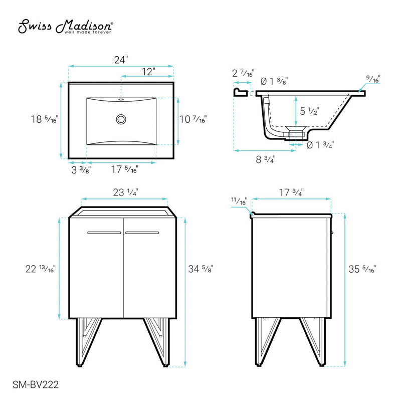 Swiss Madison Annecy 24 Single, Black Walnut, Two Doors, Bathroom Vanity - SM-BV222