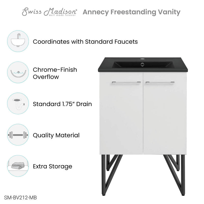 Swiss Madison Annecy 24 in. White Bathroom Vanity With Black Ceramic Sink Top - SM-BV212MB