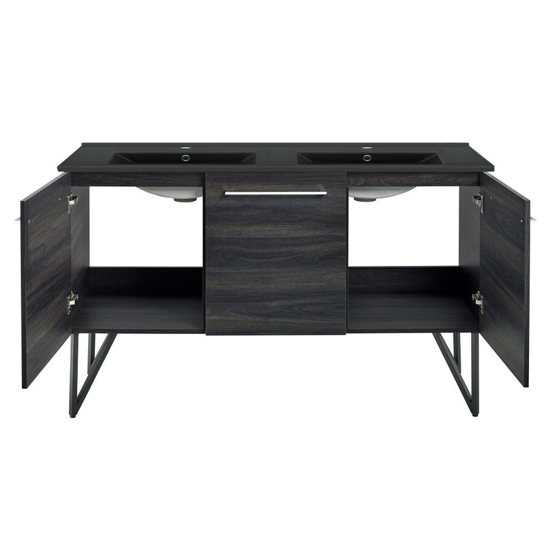 Swiss Madison Annecy 60 in. Black Walnut, Double Basin Bathroom Vanity With Black Artificial Stone Sink Top - SM-BV226DMB