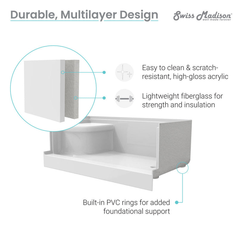 Swiss Madison Aquatique 60" x 32" Single Threshold Shower Base With Left Hand Drain and Integral Right Hand Seat in White - SM-SB537W