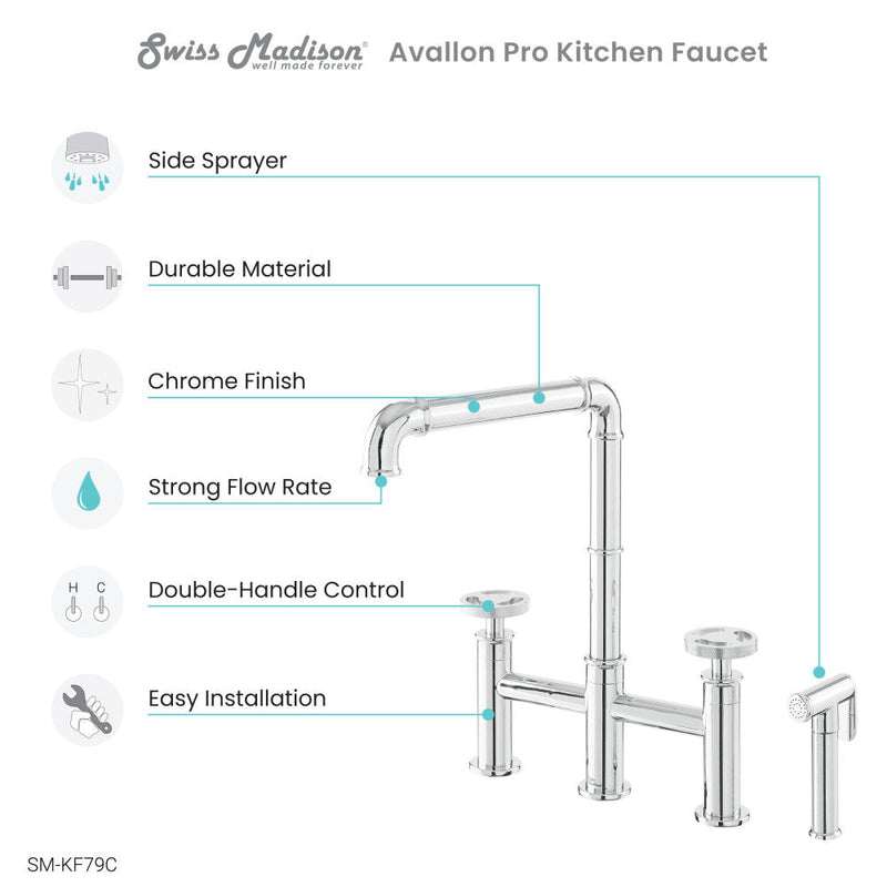 Swiss Madison Avallon Pro Widespread Kitchen Faucet with Side Sprayer in Chrome - SM-KF79C