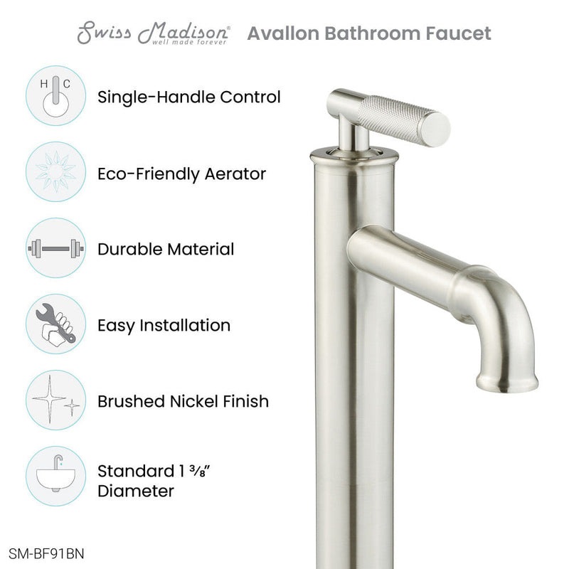 Swiss Madison Avallon Single Hole, Single-Handle Sleek, High Arc Bathroom Faucet in Brushed Nickel - SM-BF91BN