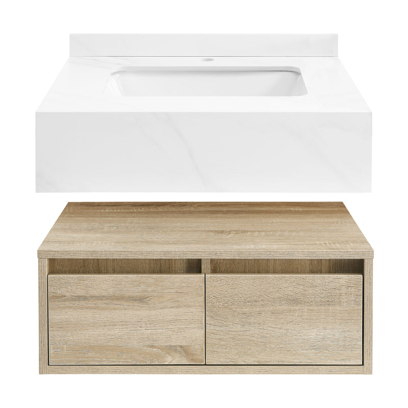 Swiss Madison Avancer 24" Wall-Mounted Bathroom Vanity in Calacatta and White Oak - SM-BV700
