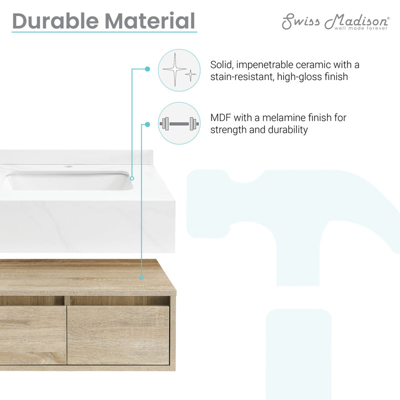 Swiss Madison Avancer 24" Wall-Mounted Bathroom Vanity in Calacatta and White Oak - SM-BV700