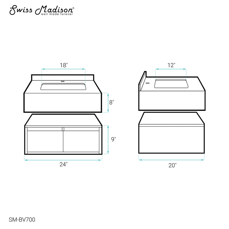 Swiss Madison Avancer 24" Wall-Mounted Bathroom Vanity in Calacatta and White Oak - SM-BV700