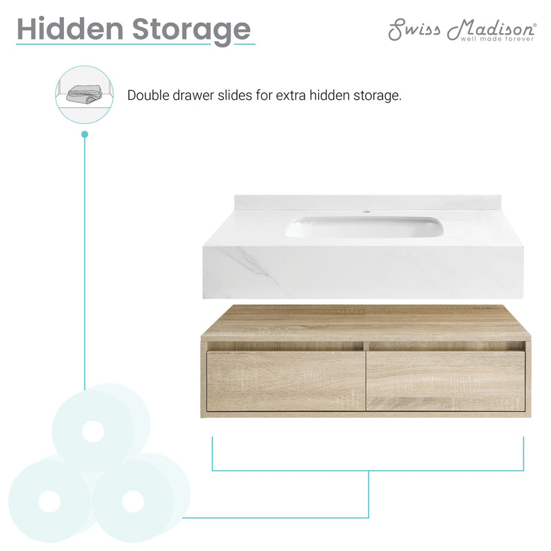 Swiss Madison Avancer 36" Wall-Mounted Bathroom Vanity in Calacatta and White Oak - SM-BV701