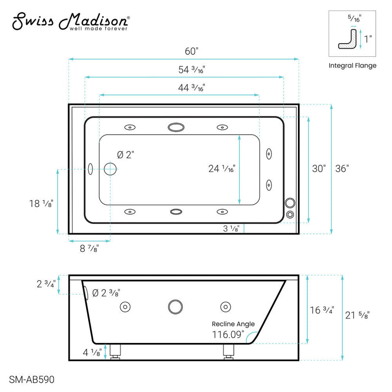 Swiss Madison Avancer 60" x 36" Left-Hand Drain Rectangular Alcove Whirlpool Bathtub with Apron - SM-AB590