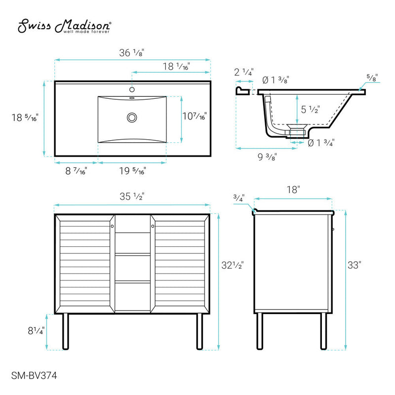 Swiss Madison Bron 36" Bathroom Vanity in Oak - SM-BV374