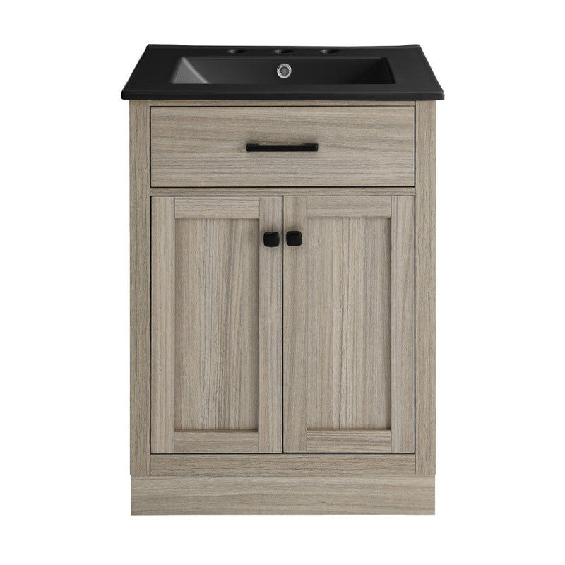Swiss Madison Burdon 24 in. Brown Oak Bathroom Vanity With Black, 3-Hole Ceramic Sink Top - SM-BV432-3MB