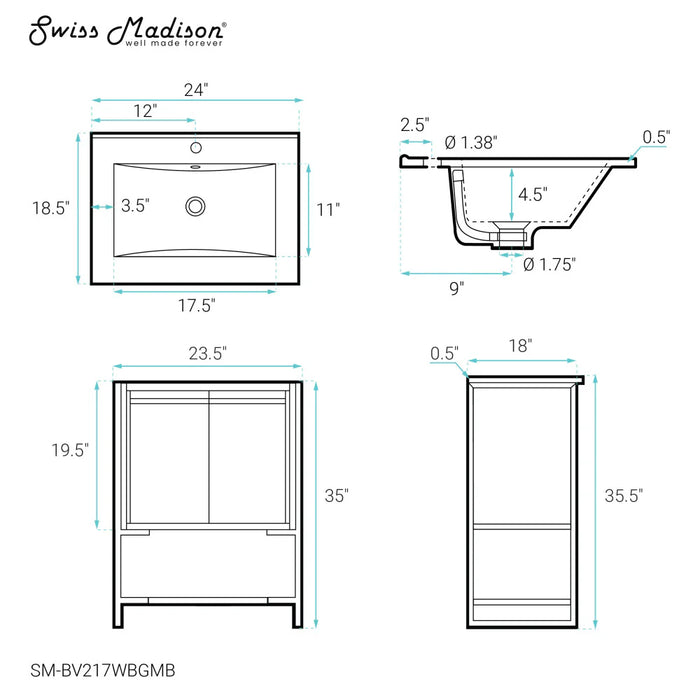Swiss Madison Marseille 24 in. White Bathroom Vanity With Black Ceramic Sink Top - SM-BV217WBGMB