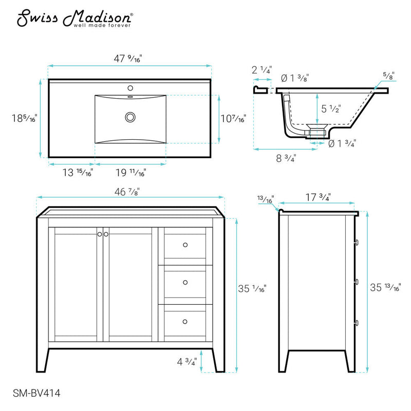 Swiss Madison Cannes 48 Single, Two Doors, Three Drawers, Bathroom Vanity - SM-BV414