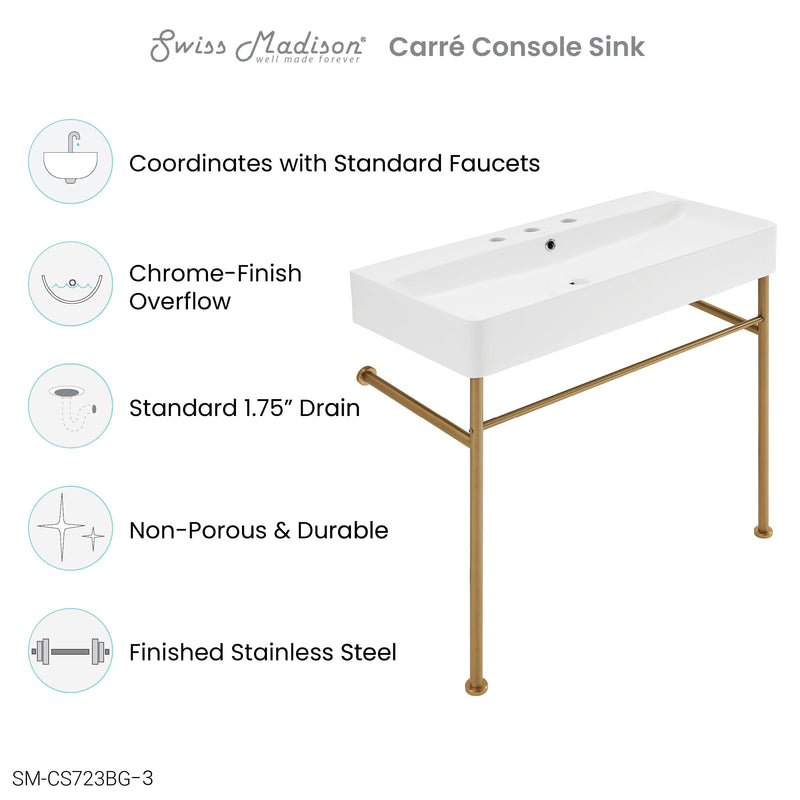 Swiss Madison Carre 36" Console Sink White Basin Brushed Gold Legs with 8" Widespread Holes - SM-CS723BG-3