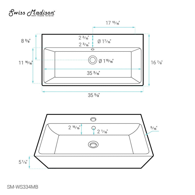 Swiss Madison Carre 36"  Rectangle Wall-Mount Bathroom Sink in Matte Black - SM-WS334MB