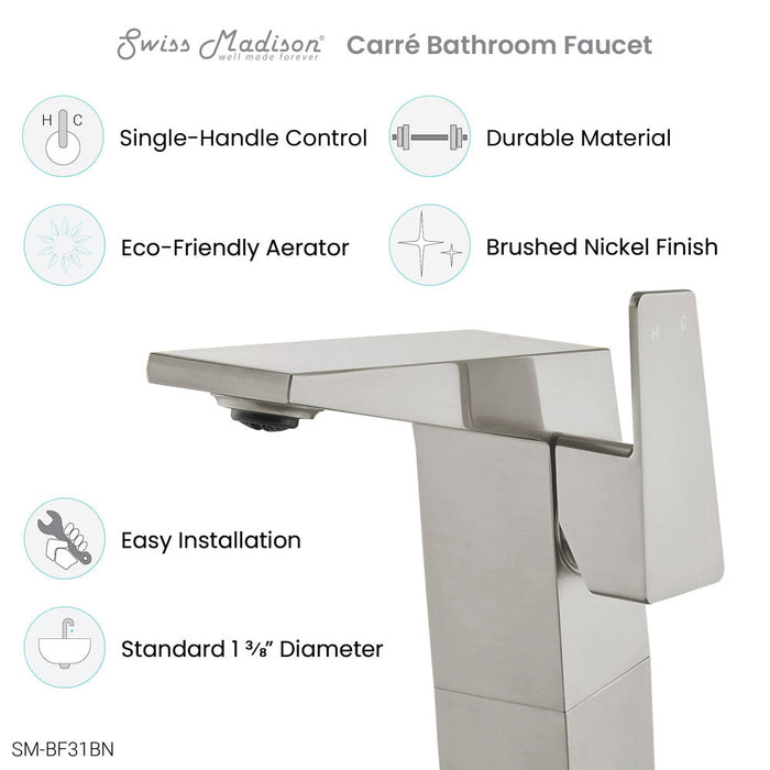 Swiss Madison Carre Single Hole, Single-Handle, High Arc Bathroom Faucet in Brushed Nickel - SM-BF31BN