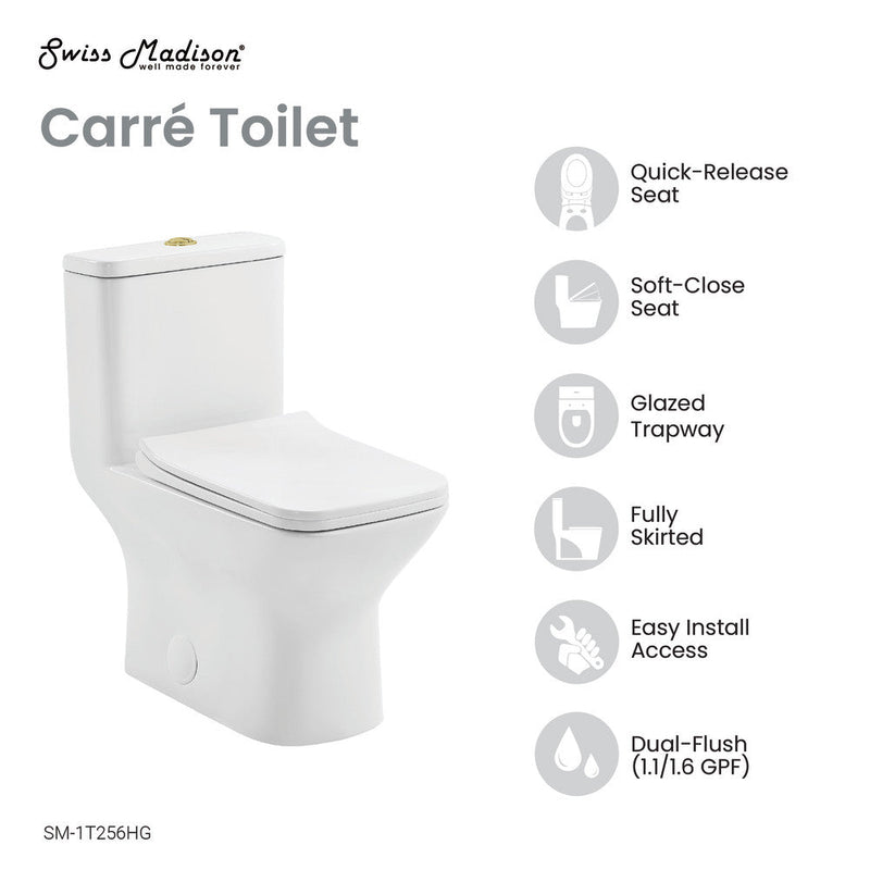 Swiss Madison Carre One Piece Square Toilet Dual Flush, Brushed Gold Hardware 1.1/1.6 gpf - SM-1T256HG