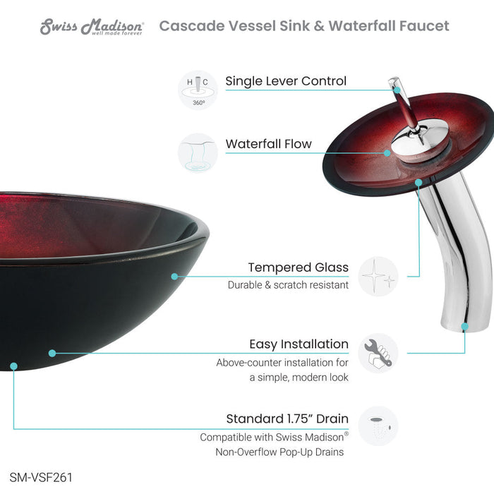 Swiss Madison Cascade 16.5 Glass Vessel Sink with Faucet, Ember Red - SM-VSF261
