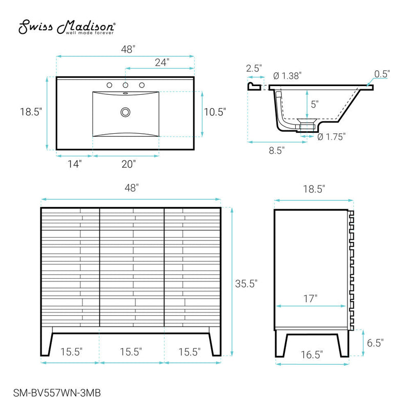 Swiss Madison Cascade 48 in. Brown Oak Bathroom Vanity With Black, 3-Hole Ceramic Sink Top - SM-BV557WN-3MB