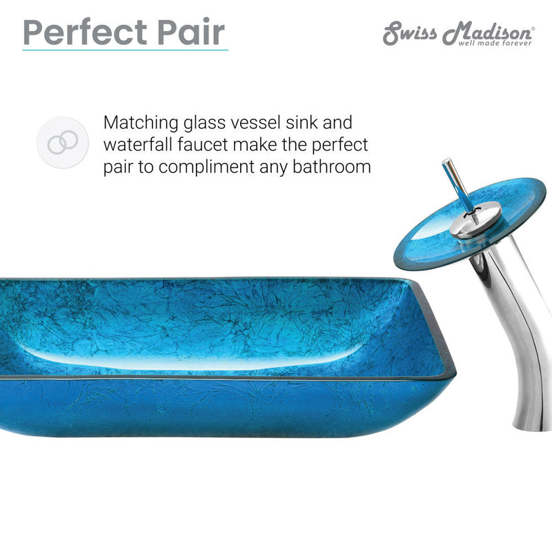 Swiss Madison Cascade Rectangular Glass Vessel Sink with Faucet, Ocean Blue - SM-VSF296
