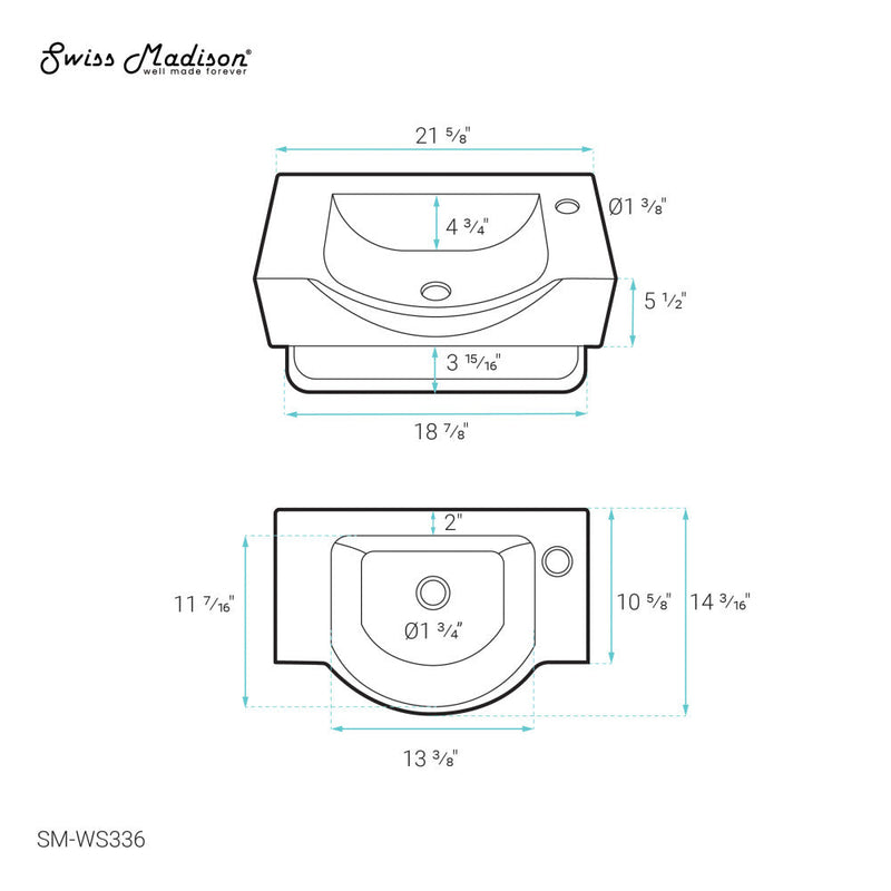 Swiss Madison Chateau 21.5" Right Side Faucet Wall-Mount Bathroom Sink with Chrome Towel Bar - SM-WS336