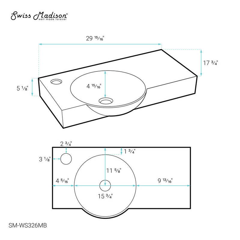 Swiss Madison Chateau 30" Left Side Faucet Wall-Mount Bathroom Sink in Matte Black - SM-WS326MB