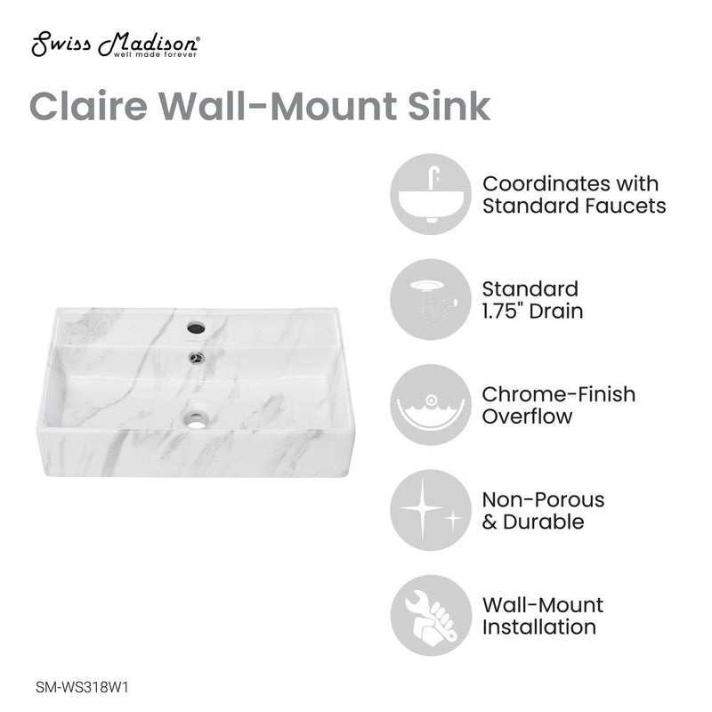 Swiss Madison Claire 22" Rectangle Wall-Mount Bathroom Sink in White Marble - SM-WS318W1