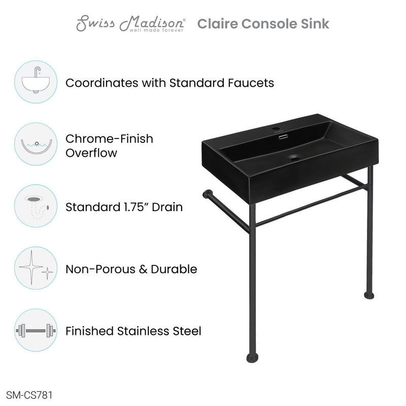 Swiss Madison Claire 24 Ceramic Console Sink Matte Black Basin Black Legs - SM-CS781
