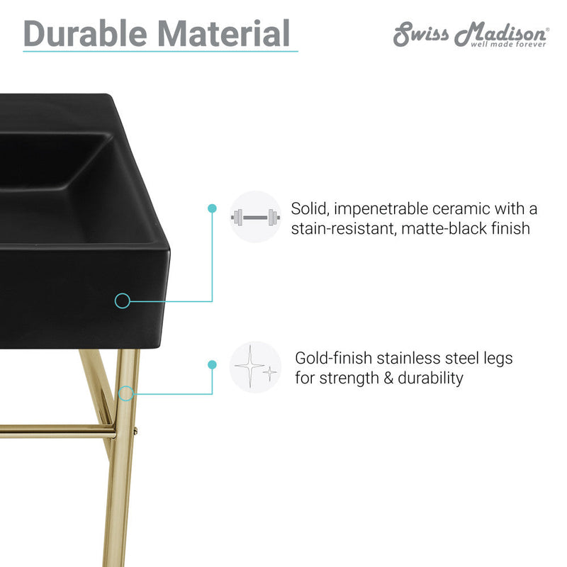Swiss Madison Claire 24 Ceramic Console Sink Matte Black Basin Gold Legs - SM-CS751
