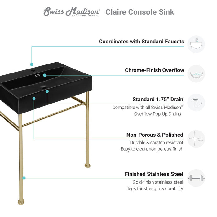 Swiss Madison Claire 24 Ceramic Console Sink Matte Black Basin Gold Legs - SM-CS751