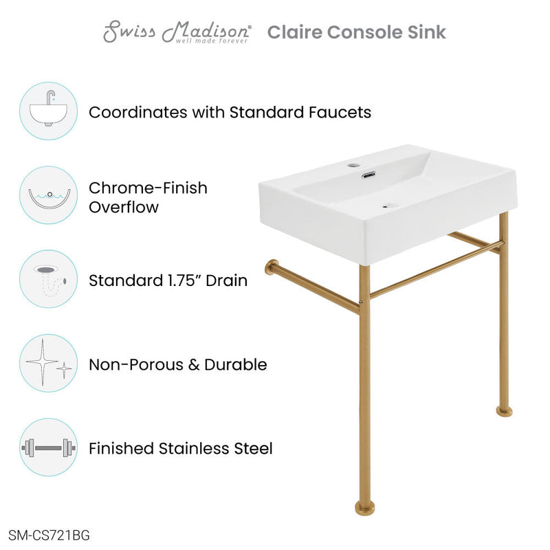 Swiss Madison Claire 24 Ceramic Console Sink White Basin Brushed Gold Legs - SM-CS721BG