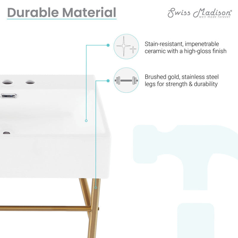 Swiss Madison Claire 24" Console Sink White Basin Brushed Gold Legs with 8" Widespread Holes - SM-CS721BG-3