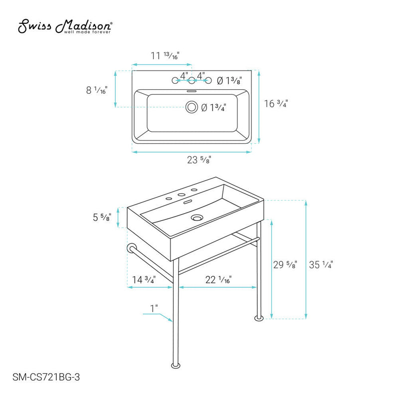 Swiss Madison Claire 24" Console Sink White Basin Brushed Gold Legs with 8" Widespread Holes - SM-CS721BG-3