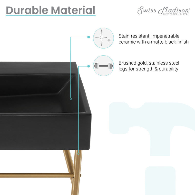 Swiss Madison Claire 30 Ceramic Console Sink Matte Black Basin Brushed Gold Legs - SM-CS752BG
