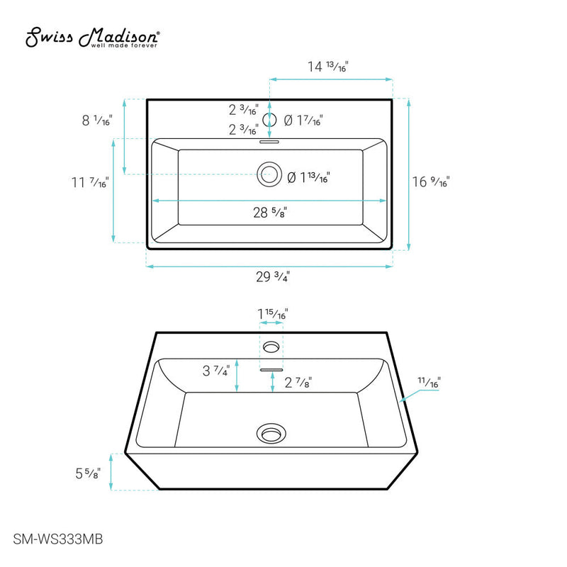Swiss Madison Claire 30" Rectangle Wall-Mount Bathroom Sink in Matte Black - SM-WS333MB