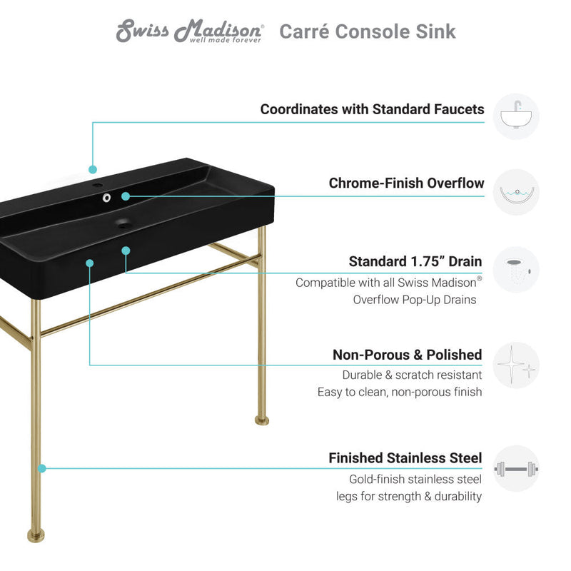Swiss Madison Carre 36 Ceramic Console Sink Matte Black Basin Gold Legs - SM-CS753