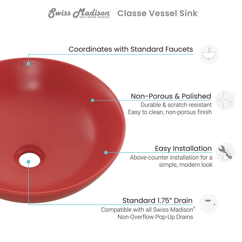 Swiss Madison Classe 16 Ceramic Sink in Matte Red - SM-VS245
